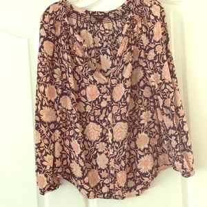 Soft light weight pink floral and navy blue blouse
